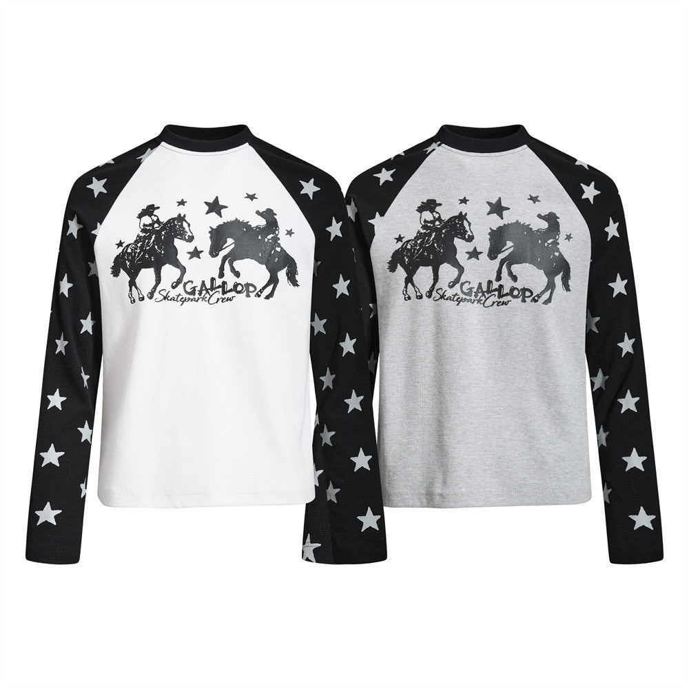 Long Sleeve Shirt Women Cowboy Star Print Raglan Waffle Knit Top