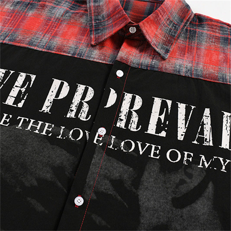 Long Sleeve Button Shirt – Plaid Patchwork Graphic Print Oversized Flannel