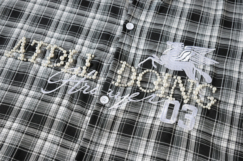 Plaid Short-Sleeve Shirt with Pegasus Embroidery & Studded Lettering