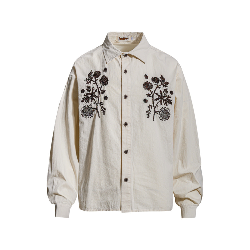 Floral Embroidered Oversized Long-Sleeve Button-Up Shirt
