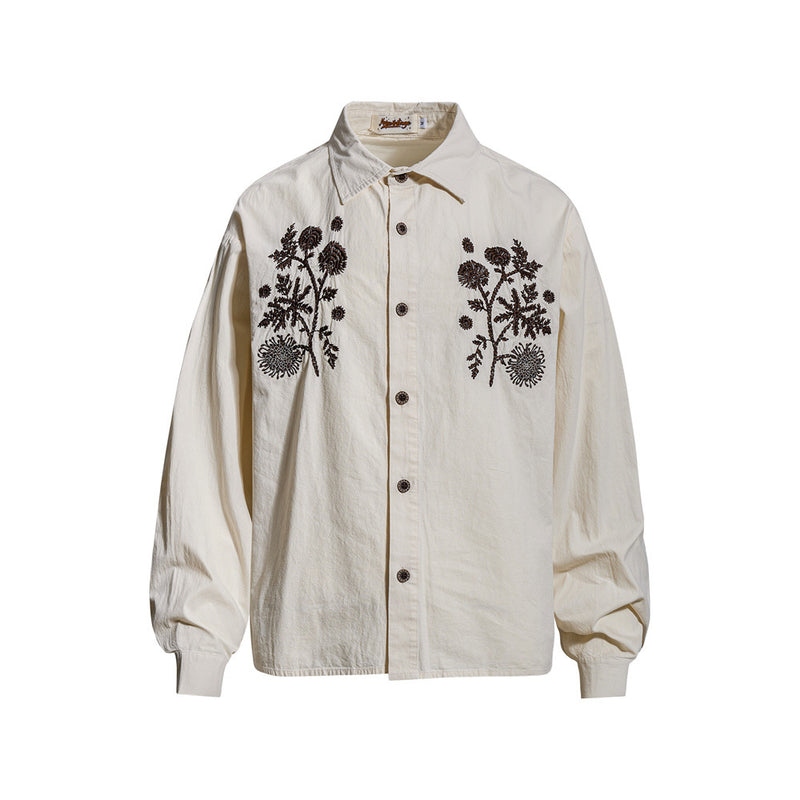 Floral Embroidered Oversized Long-Sleeve Button-Up Shirt