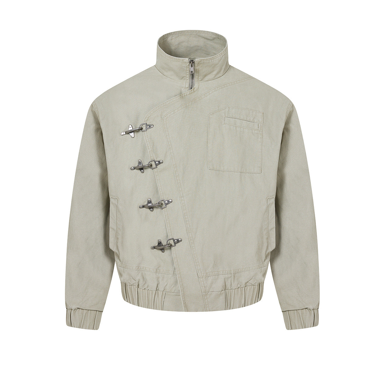 Metal Clasp Bomber Jacket – Washed Cotton Flight Jacket with Diagonal Buckle