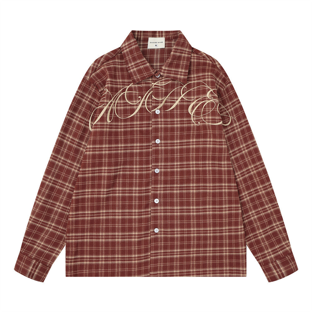 Men's Long Sleeve Plaid Shirt with Script Embroidery – Relaxed Fit