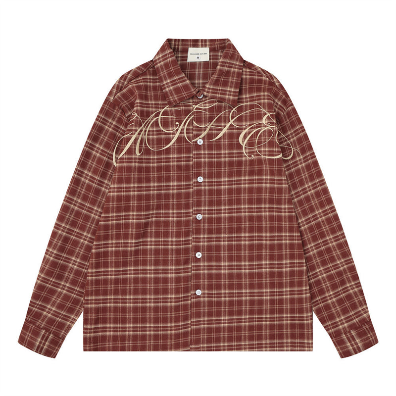 Men's Long Sleeve Plaid Shirt with Script Embroidery – Relaxed Fit