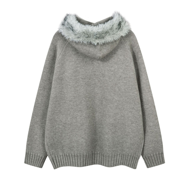 Fur-Trim Hooded Zip-Up Knit Cardigan Jacket