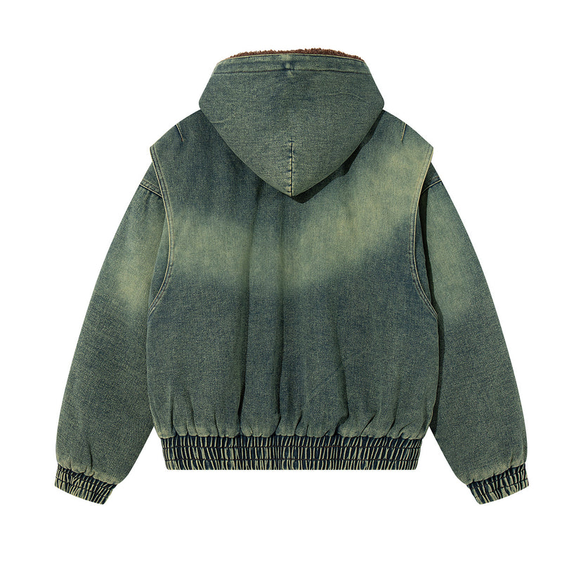 Washed Denim Padded Hoodie Jacket with Embroidered Logo & Sherpa Collar