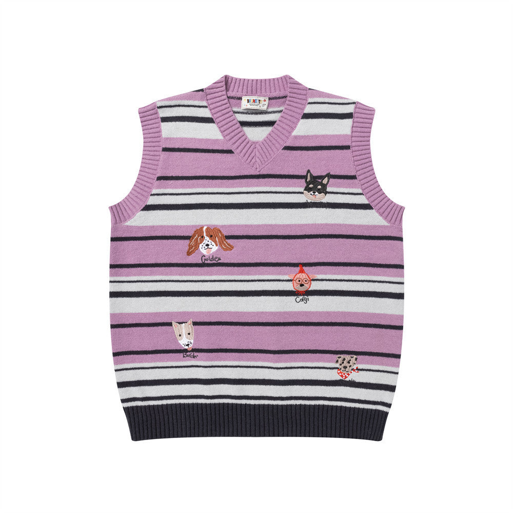 Striped V-Neck Sweater Vest with Dog Embroidery – Relaxed Fit Knit