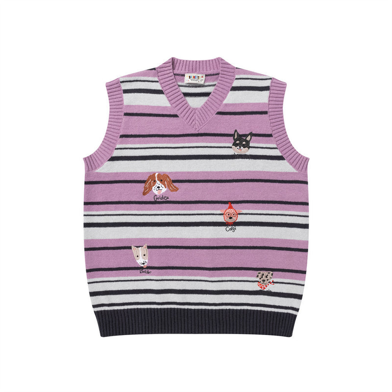 Striped V-Neck Sweater Vest with Dog Embroidery – Relaxed Fit Knit