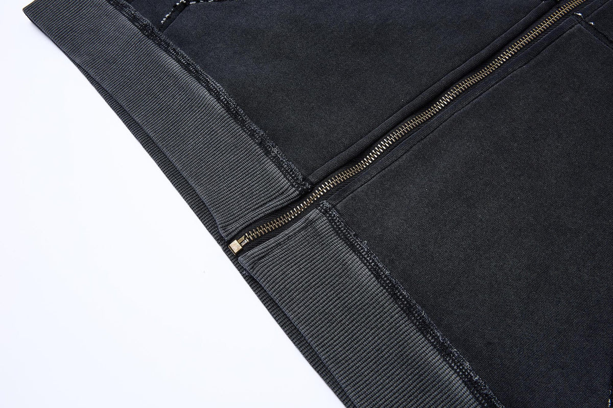 Union Jack Patch Zip-Up Hoodie – Washed & Distressed Raw-Edge Fleece