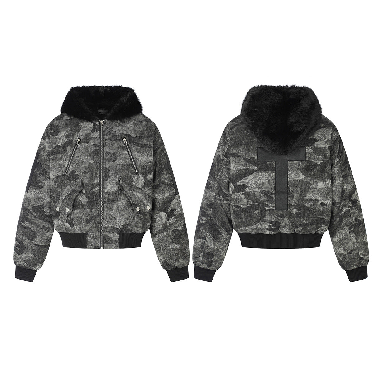 Rose Camo Hooded Bomber Jacket with Faux Fur Collar