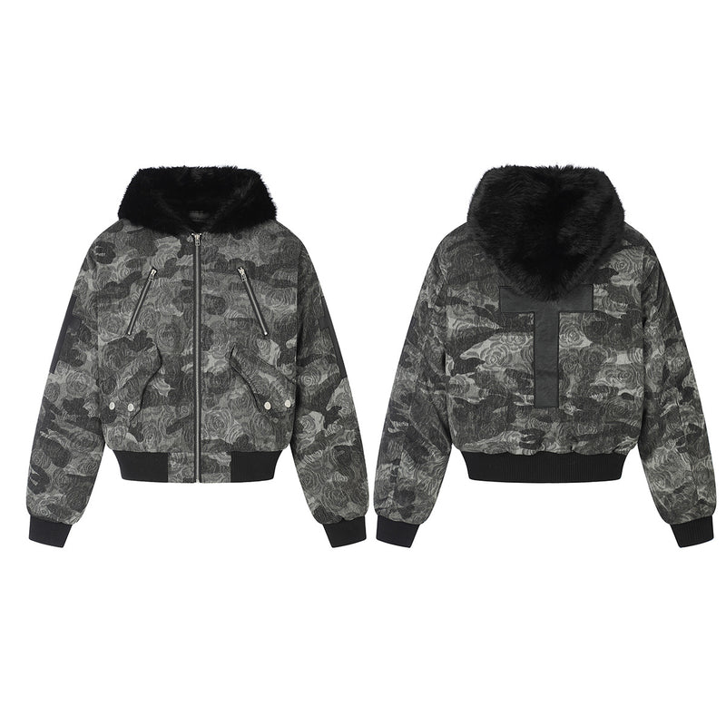 Rose Camo Hooded Bomber Jacket with Faux Fur Collar