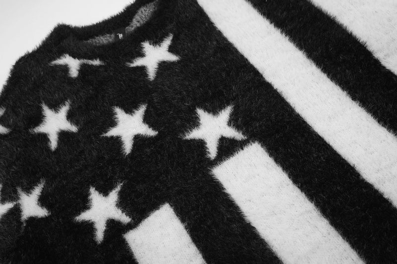 Stars & Stripes Fuzzy Knit Sweater – Black & White American Flag Pattern