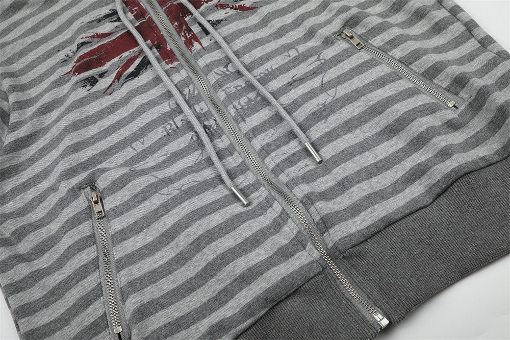 Gray Zip Up Jacket Striped Union Jack Stand Collar Unisex Sweatshirt Coat