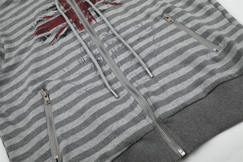 Gray Zip Up Jacket Striped Union Jack Stand Collar Unisex Sweatshirt Coat