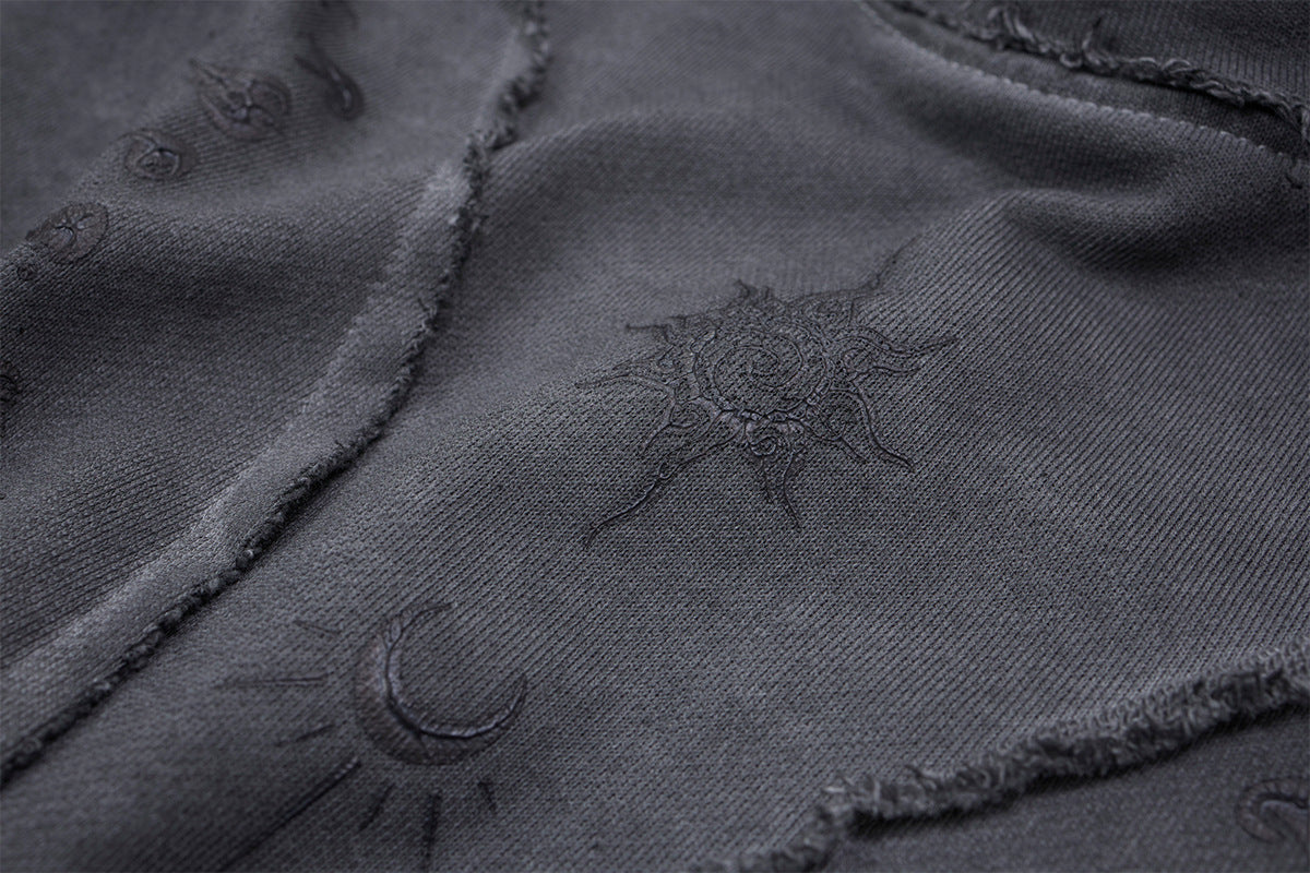 Long Sleeve Acid Wash Shirt with Celestial Print & Raw-Edge Seam Detail