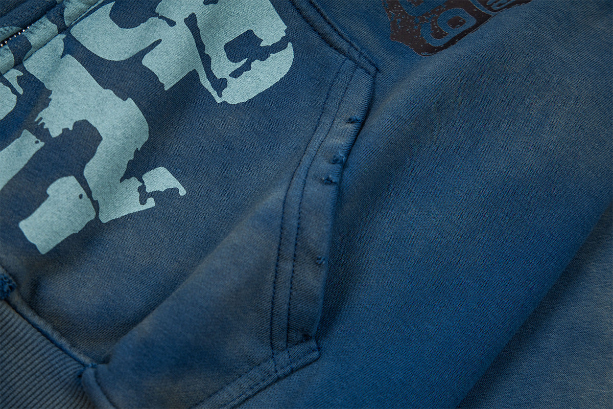 Hoodie zippé Drop Nasty délavé – Streetwear oversize à imprimé graffiti