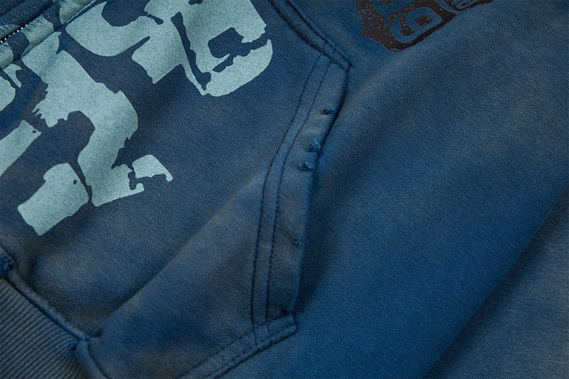 Hoodie zippé Drop Nasty délavé – Streetwear oversize à imprimé graffiti