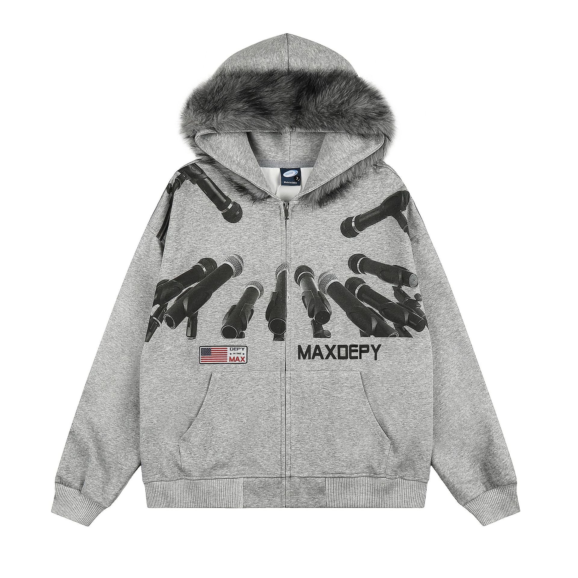 Sweat à capuche zippé MAXDEPY gris chiné avec bordure de capuche en fausse fourrure et imprimé intégral de microphones sur les panneaux avant