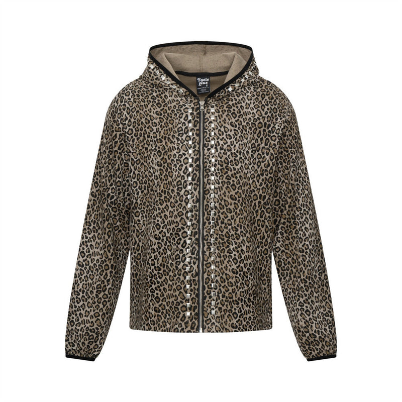 Leopard Print Zip-Up Hoodie with Studded Rhinestone Detail