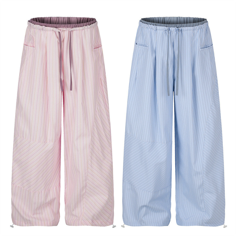Japanese striped wide-leg pants with irregular patchwork panels and double waistband in pink and blue colorways