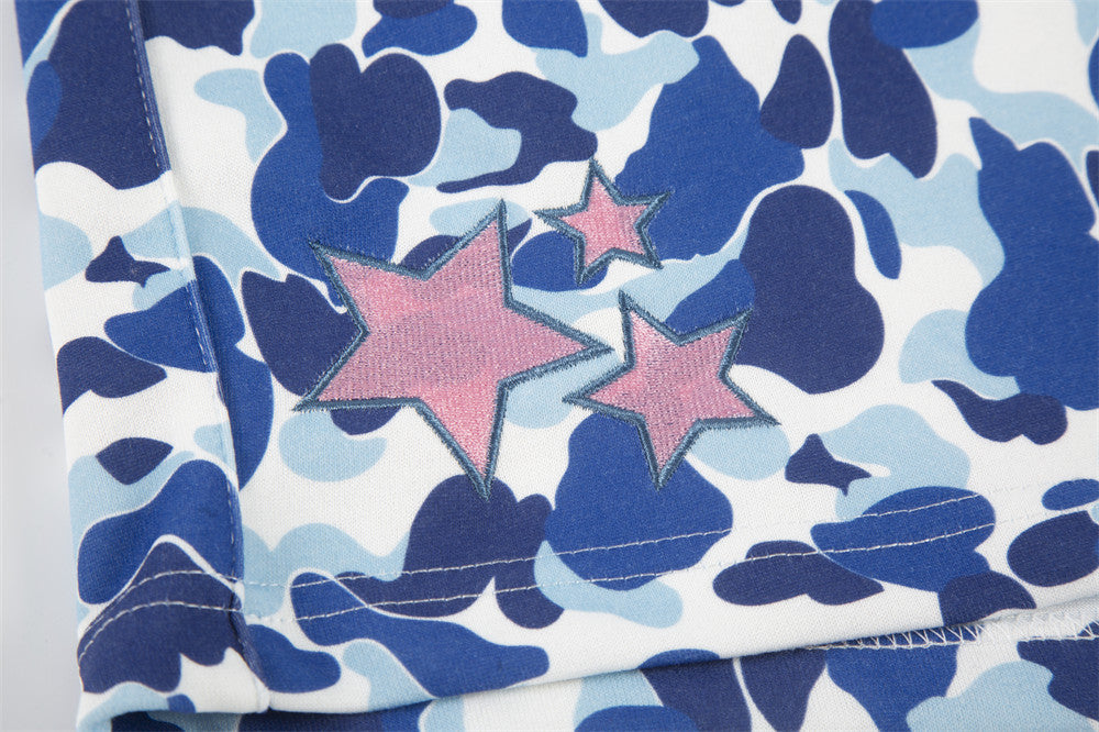 Camo Print Shorts Men Star Embroidery Elastic Waist Streetwear Basketball Shorts