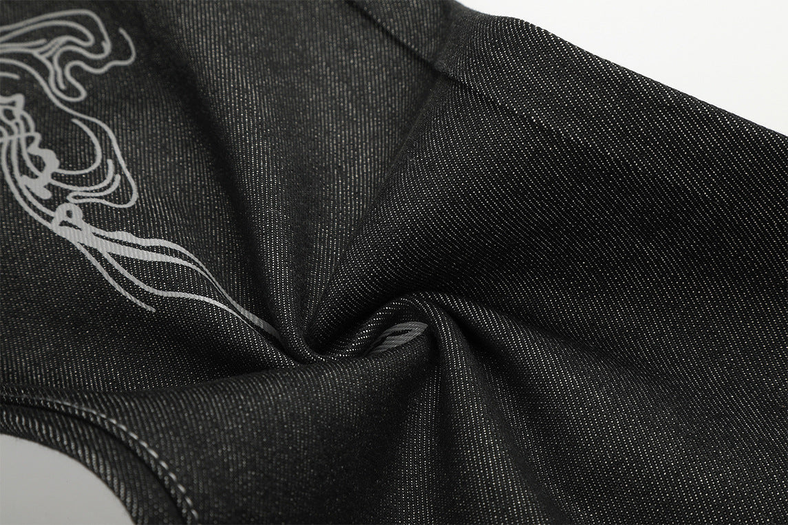 Wide-Leg Baggy Jeans – Skeleton Horse & Sun Embroidery, Dark Wash Black Denim