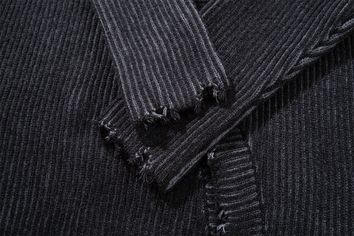 Distressed Ribbed Knit Cardigan with Asymmetric Button Placket – Washed Grey