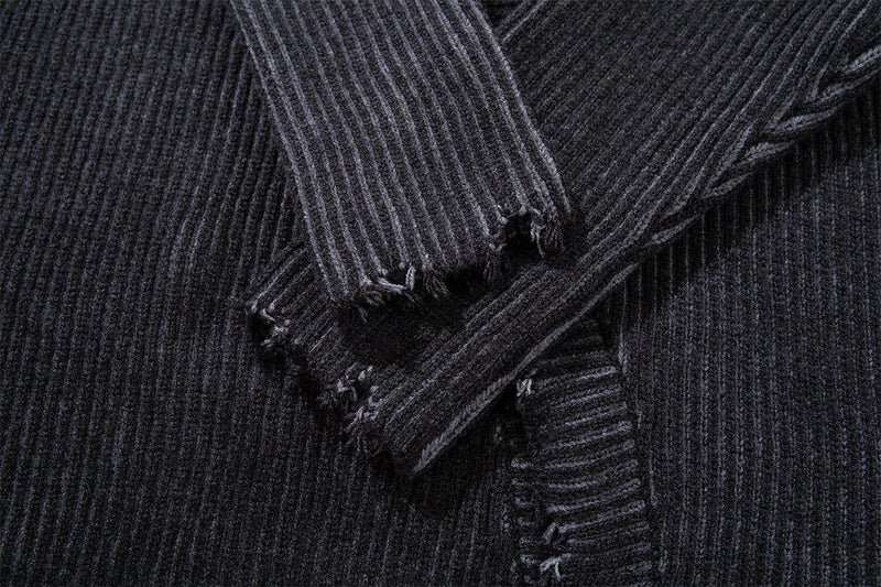 Distressed Ribbed Knit Cardigan with Asymmetric Button Placket – Washed Grey