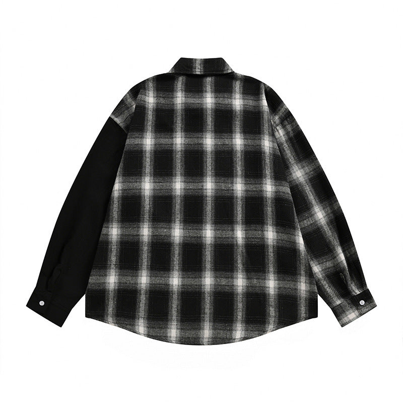 Plaid Patchwork Long Sleeve Shirt – Oversized Fit with Portrait Graphic Print