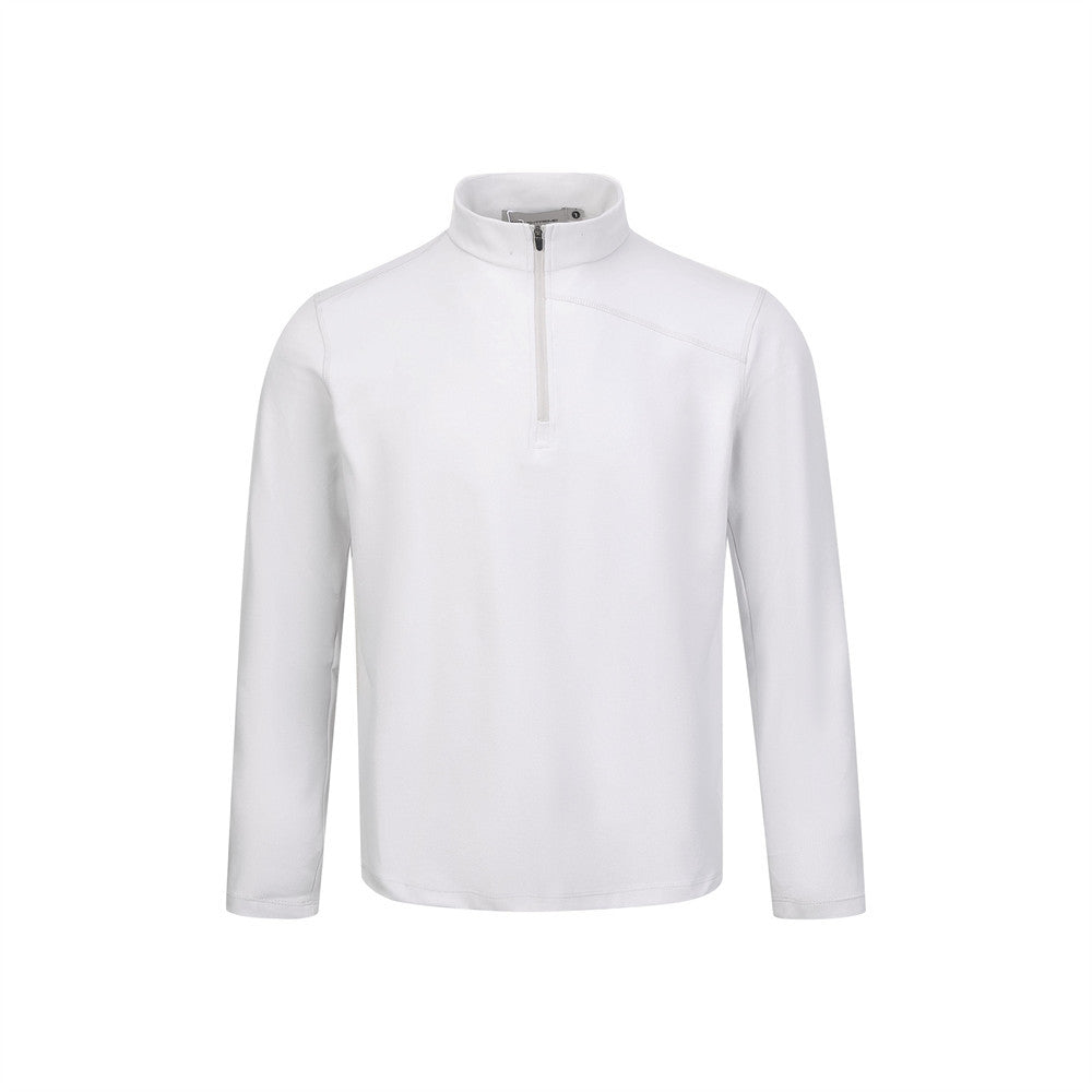 Men's quarter-zip mock neck long sleeve shirt in white, front view