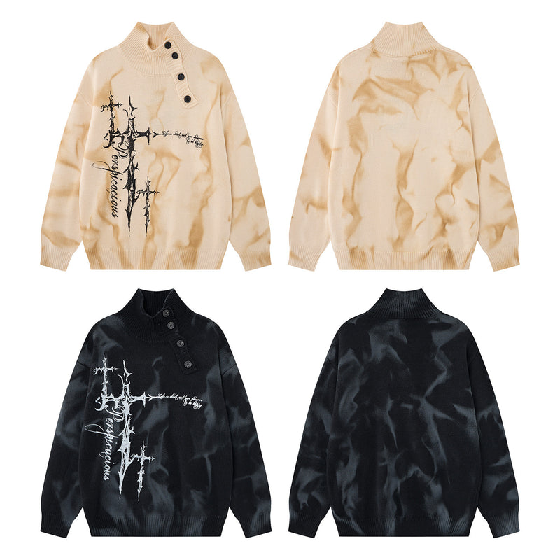 Pull col roulé en maille tie-dye gothique – Croix épineuse, boutons diagonaux