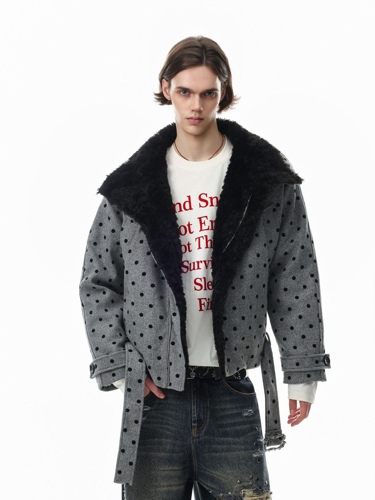 Polka Dot Wool-Blend Jacket with Faux Fur Collar – Oversized Retro Outerwear