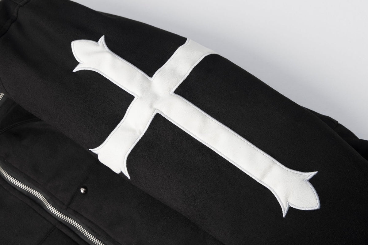 Black Fur-Trim Hooded Bomber Jacket with Arrow Appliqué Sleeves