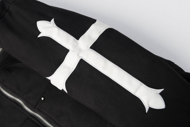 Black Fur-Trim Hooded Bomber Jacket with Arrow Appliqué Sleeves