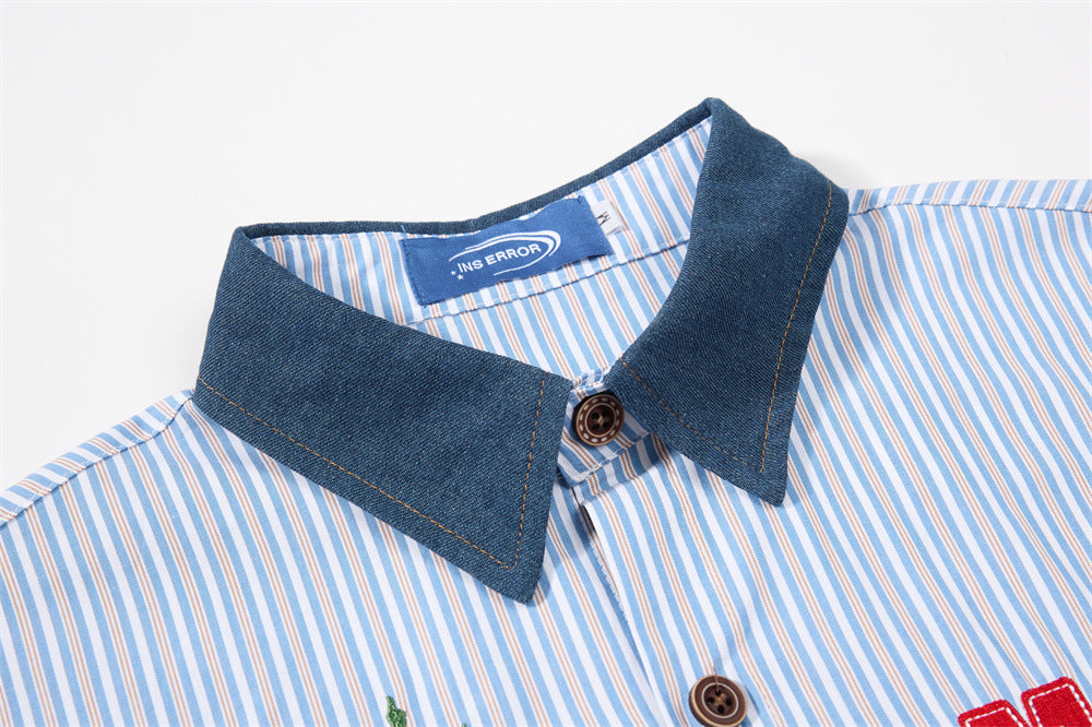 Blue Striped Button-Down Shirt with Beach Embroidery & Denim Collar
