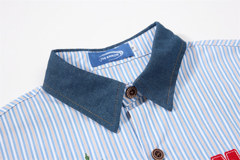 Blue Striped Button-Down Shirt with Beach Embroidery & Denim Collar