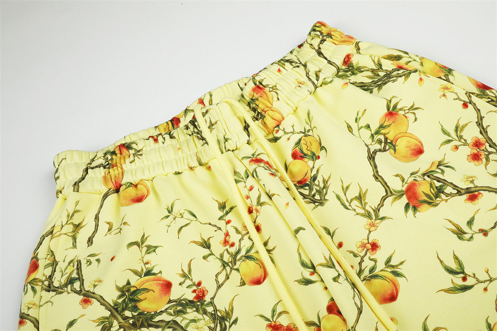 Wide-Leg Pants – All-Over Peach Blossom Branch Print, Relaxed Straight Fit