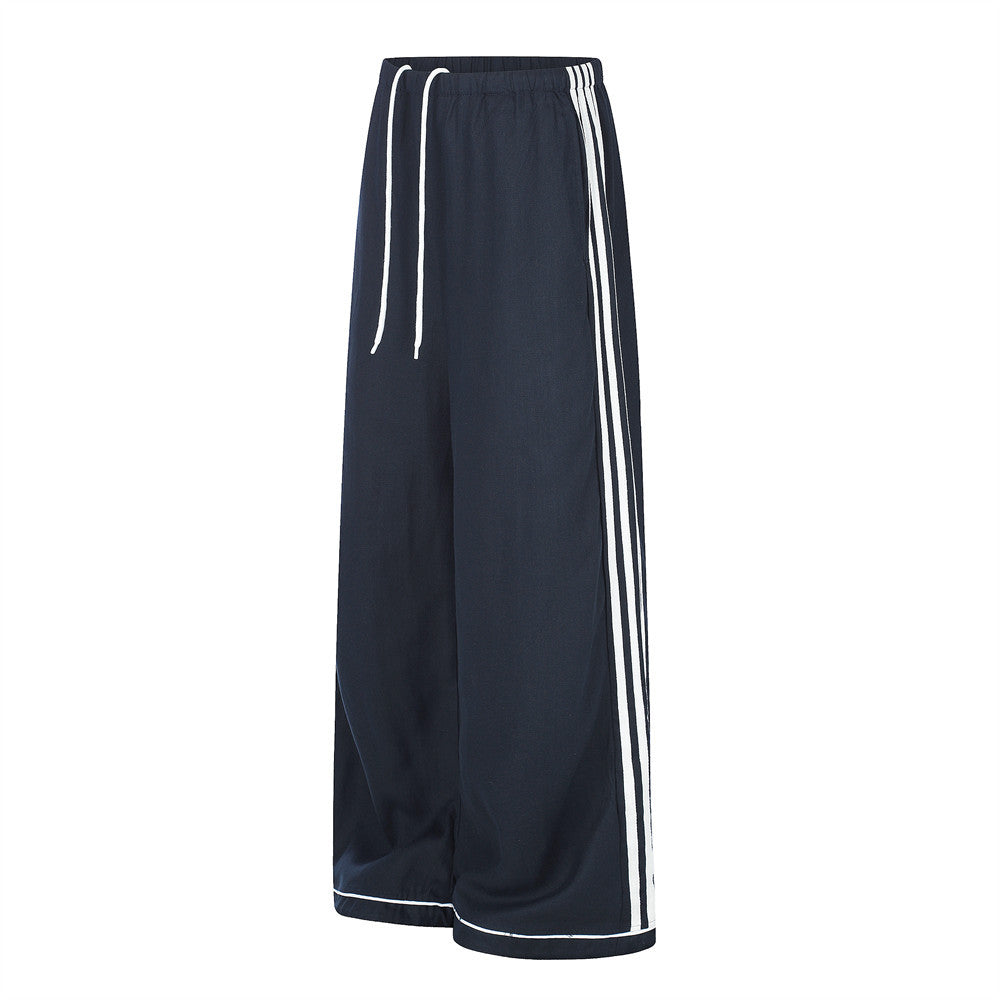 Wide-Leg Track Pants with Side Stripes & Drawstring Waist