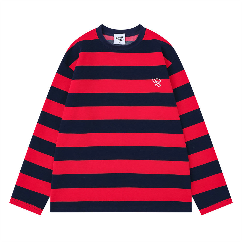 Men's oversized colorblock striped long sleeve crew neck shirt in navy and red with embroidered chest logo