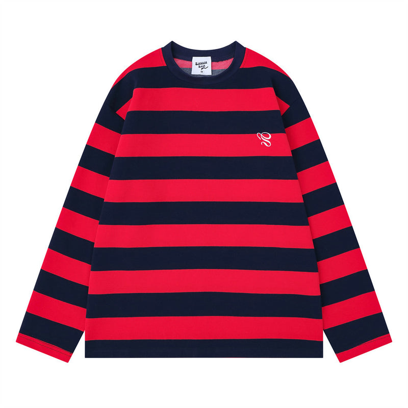 Men's oversized colorblock striped long sleeve crew neck shirt in navy and red with embroidered chest logo