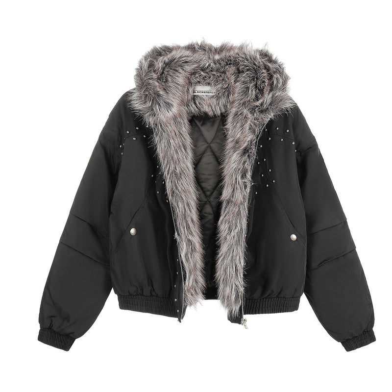 Studded Puffer Bomber Jacket with Faux Fur Hood