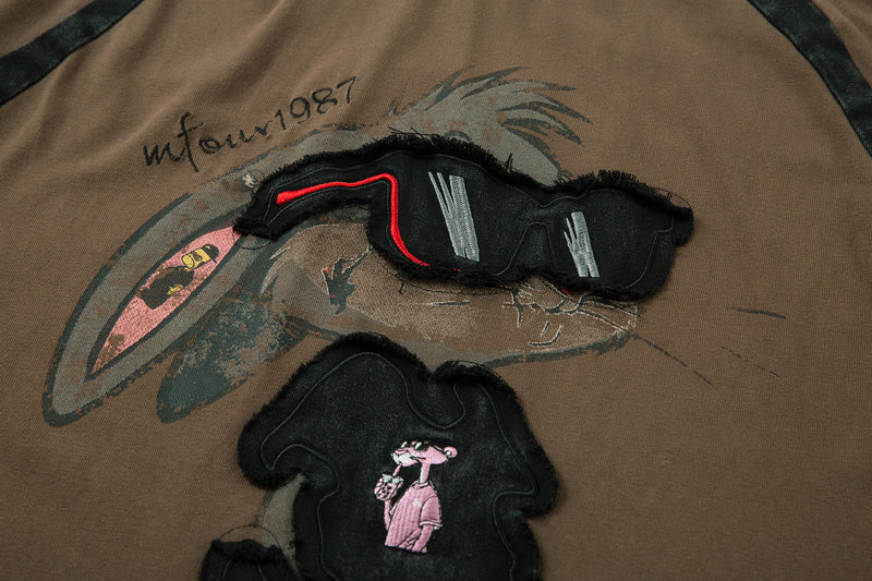 T-shirt graphique à manches longues – Imprimé écusson lapin streetwear, rayures et manches raglan