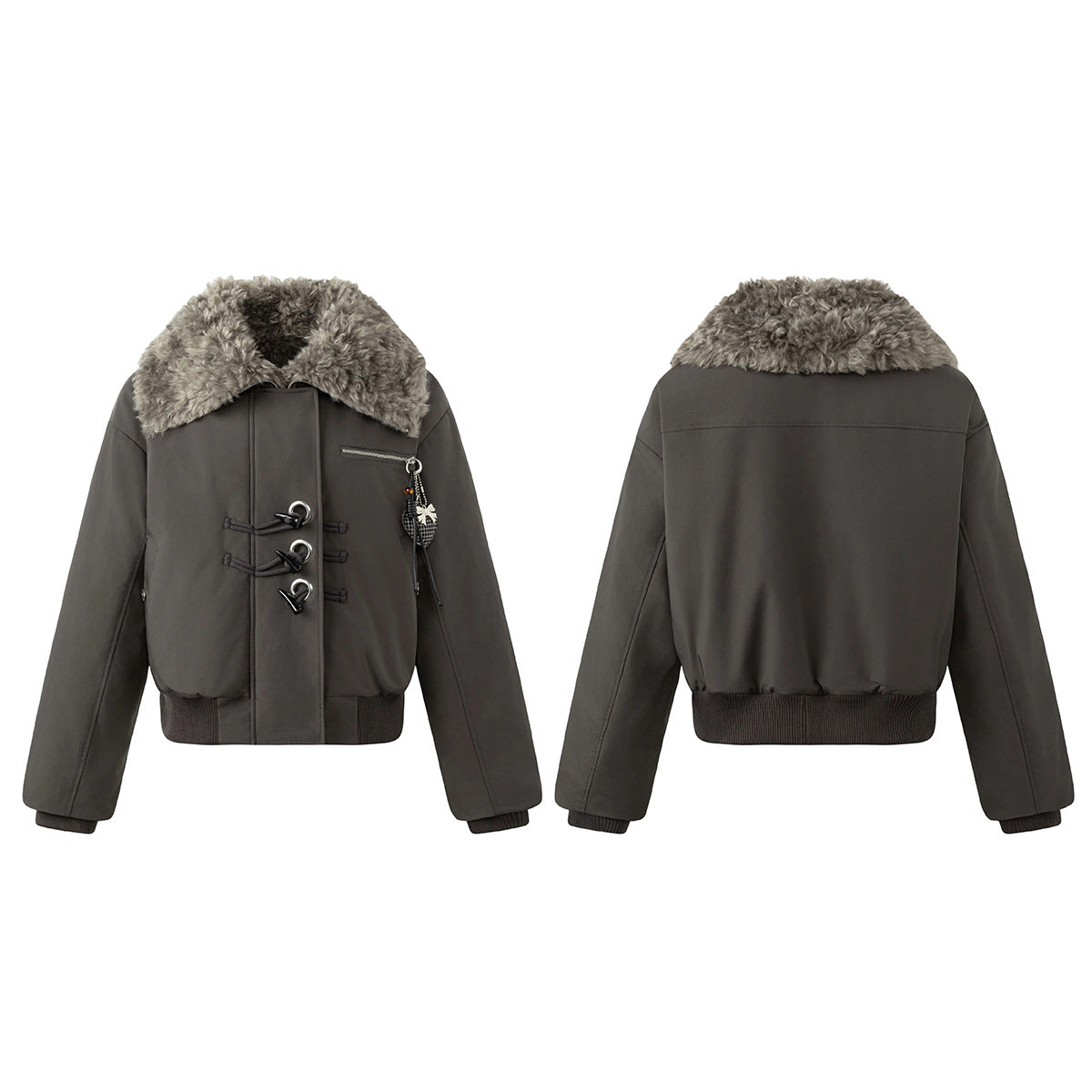 Fur Collar Cotton-Padded Bomber Jacket with Horn Toggle Buttons – Dark Grey