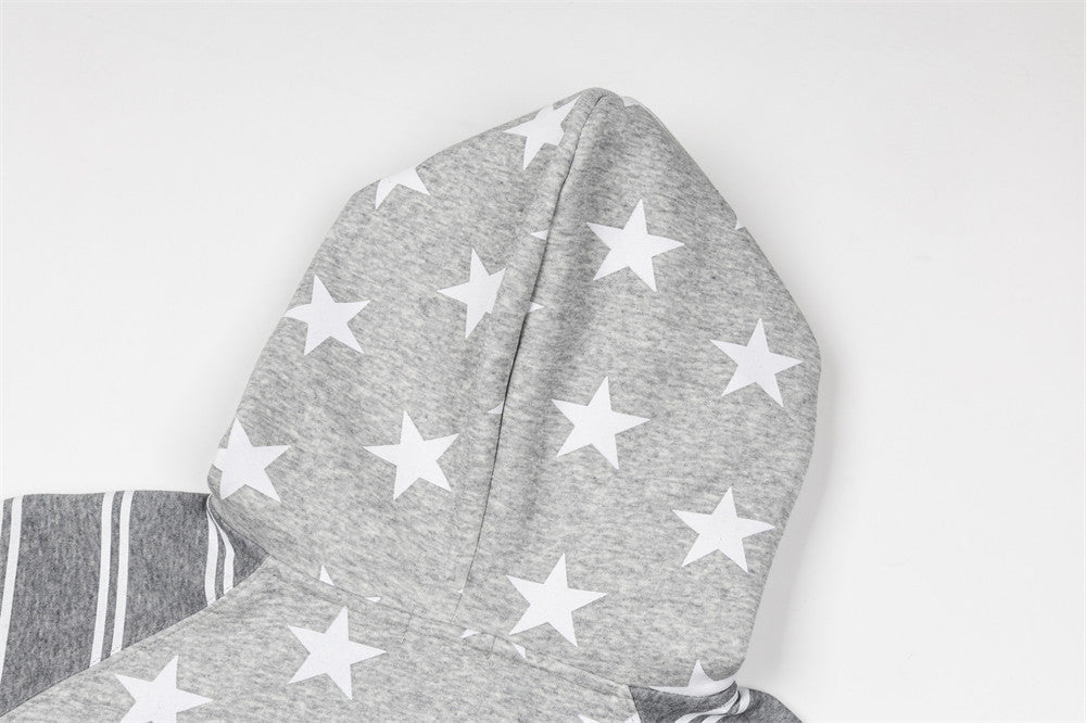 Star Print Zip-Up Hoodie with Striped Raglan Sleeves – Oversized Streetwear