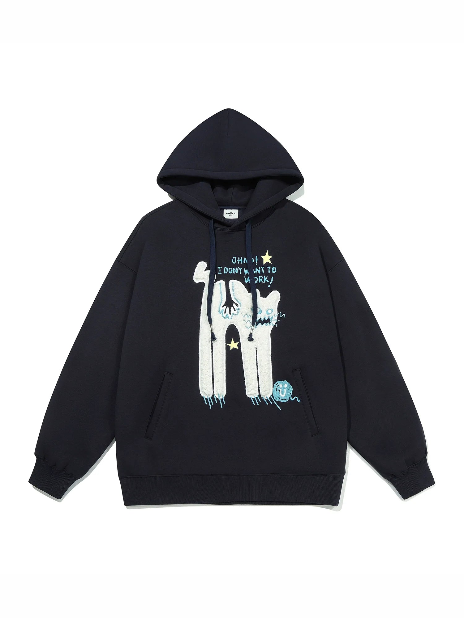This oversized black hoodie from Seakoff, ideal for casual wear, features a cartoon-like lazy cat design surrounded by stars with the text "Oh No! I Don't Want to Work." It includes a front pocket and drawstrings, making it perfect for laid-back days.
