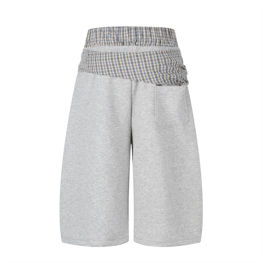 Fake Two-Piece Plaid Splice Double Waistband Shorts – Men's Loose Fit Street Sty