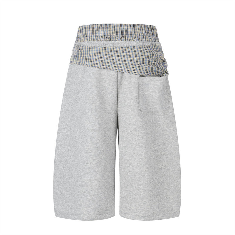 Fake Two-Piece Plaid Splice Double Waistband Shorts – Men's Loose Fit Street Sty