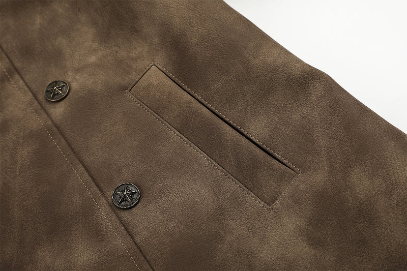 Cropped PU Suede Jacket with Military Metal Buttons & Stand Collar