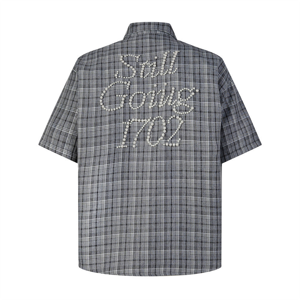 Oversized Plaid Short Sleeve Shirt with Pearl Bead Script Detail