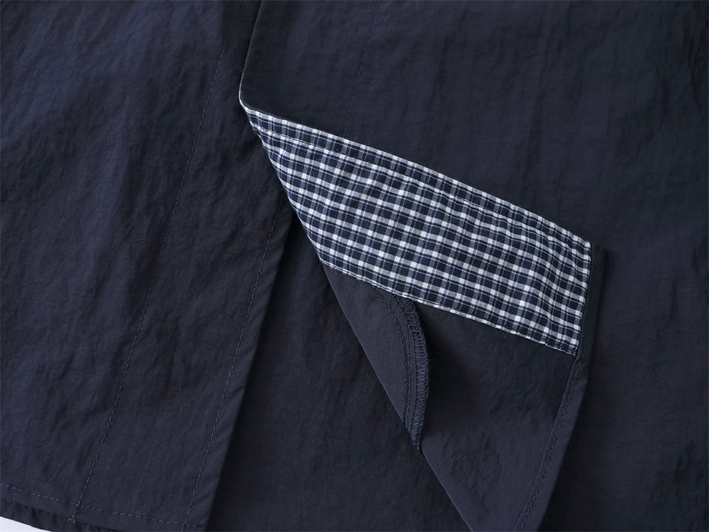 High-Collar Overshirt – Relaxed Fit Long-Sleeve Button-Up with Plaid Inner